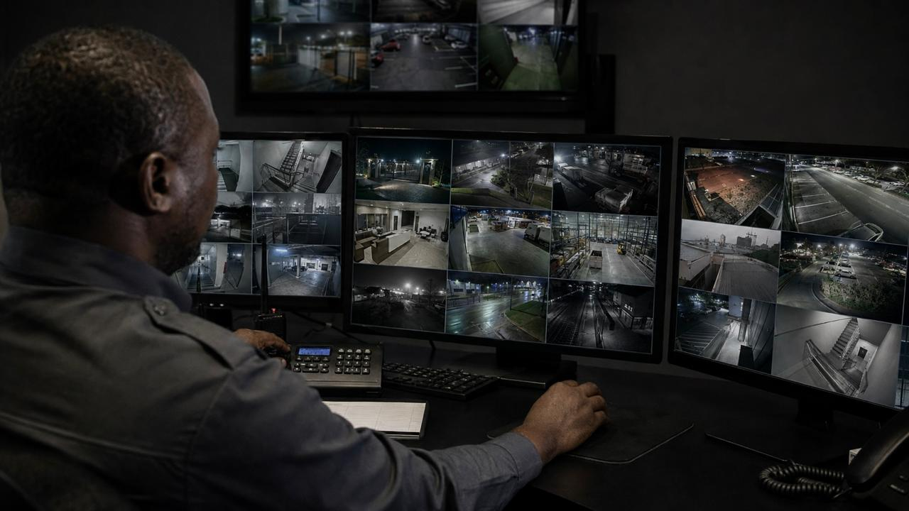 AEGIS ELITE security control room monitoring multiple CCTV camera feeds